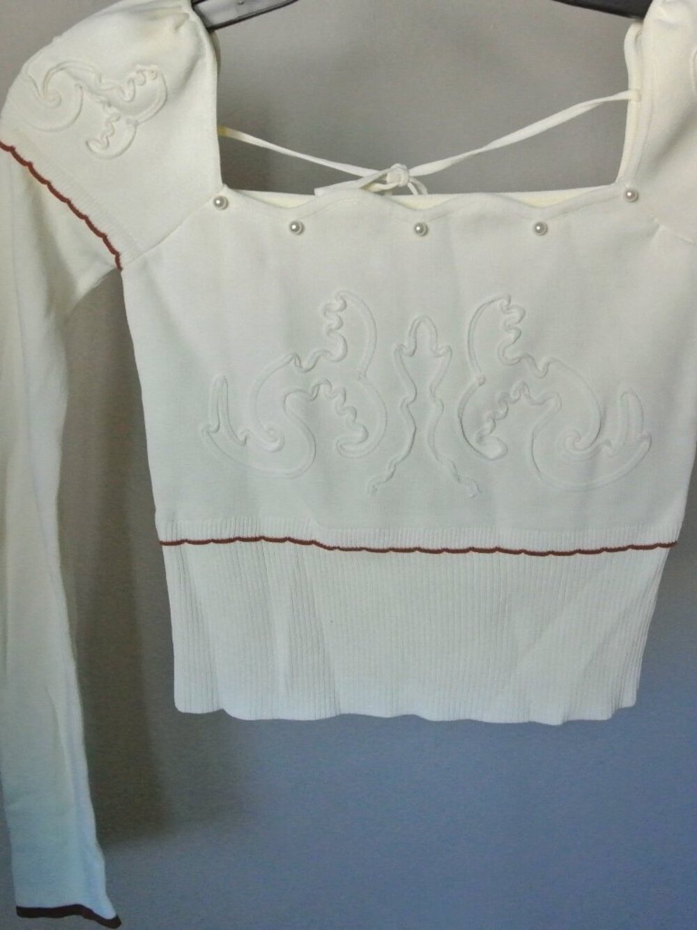Simple Retro Cream Sloane Wave Square Neck Pearl Contrast Knitted Top